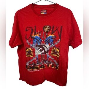 Retro Slow Death Satanic Panic Men’s L Red Full Graphic t-Shirt Teen Hearts